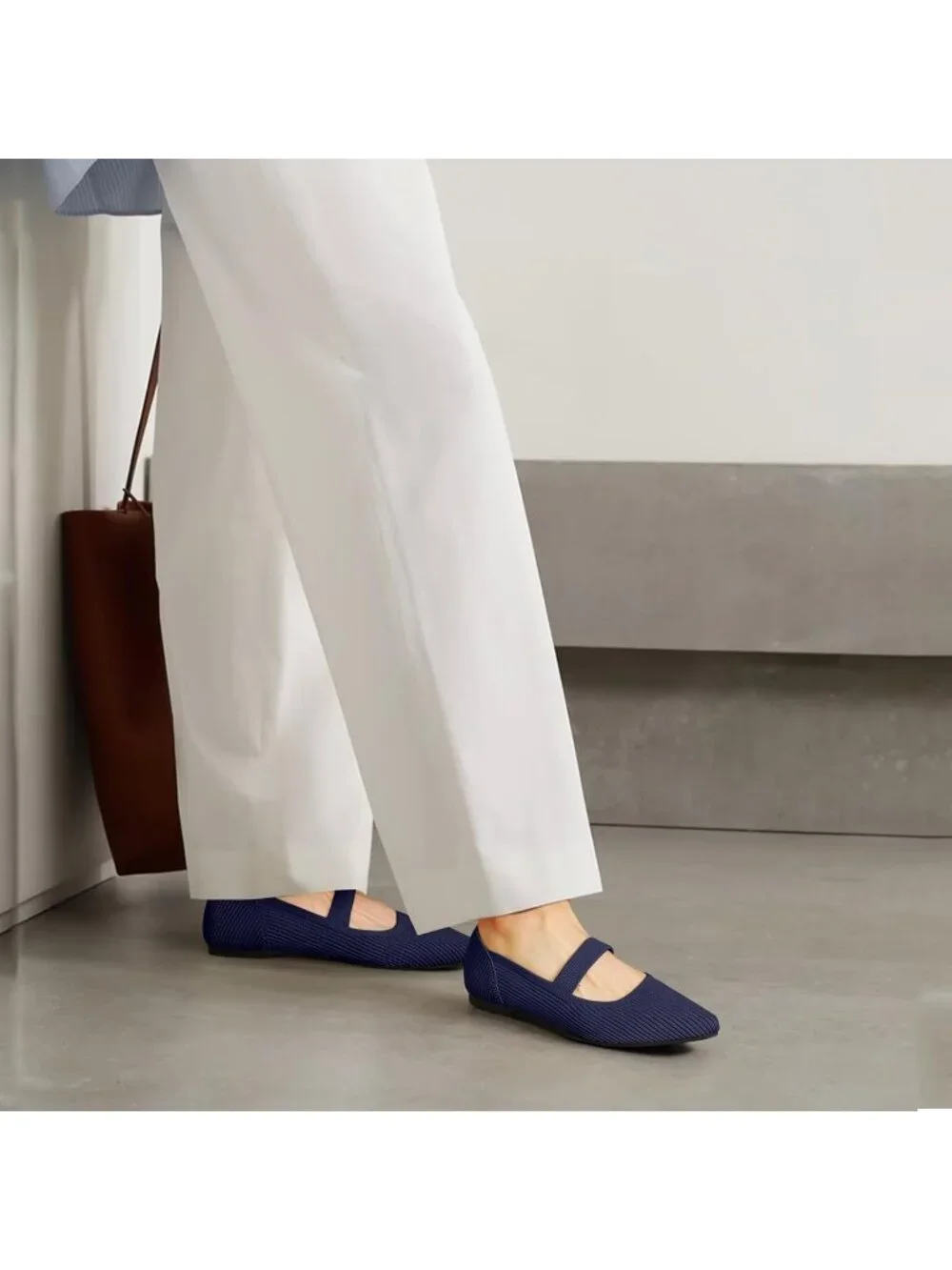 Women's Navy Knit Mary Jane Flats Pointed Toe Pull On Comfortable Flats Shoes